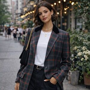 Fundamental Things Vintage Plaid Blazer Velvet Collar Dark Academia Green Red 10